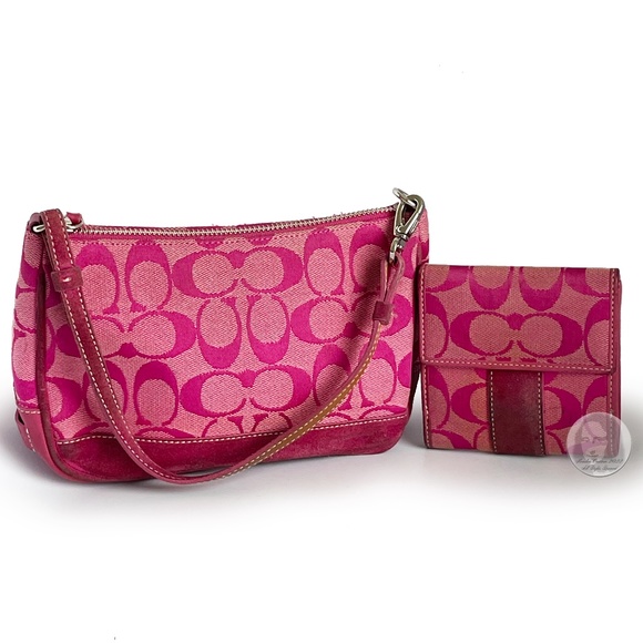 Coach Handbags - Coach Bag Signature Demi Pouch and Matching Wallet 2pc Pink Canvas Suede #6094